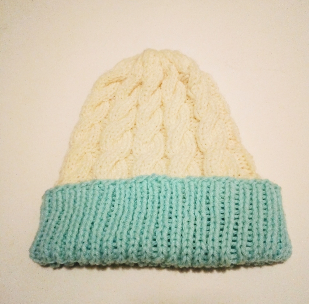 Handmade Cream and Mint Cable-Knit Hat